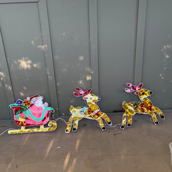 Holiday Vintage Holographic Lighted Santa Reindeer Sleigh Indoor Outdoor Christmas Decor